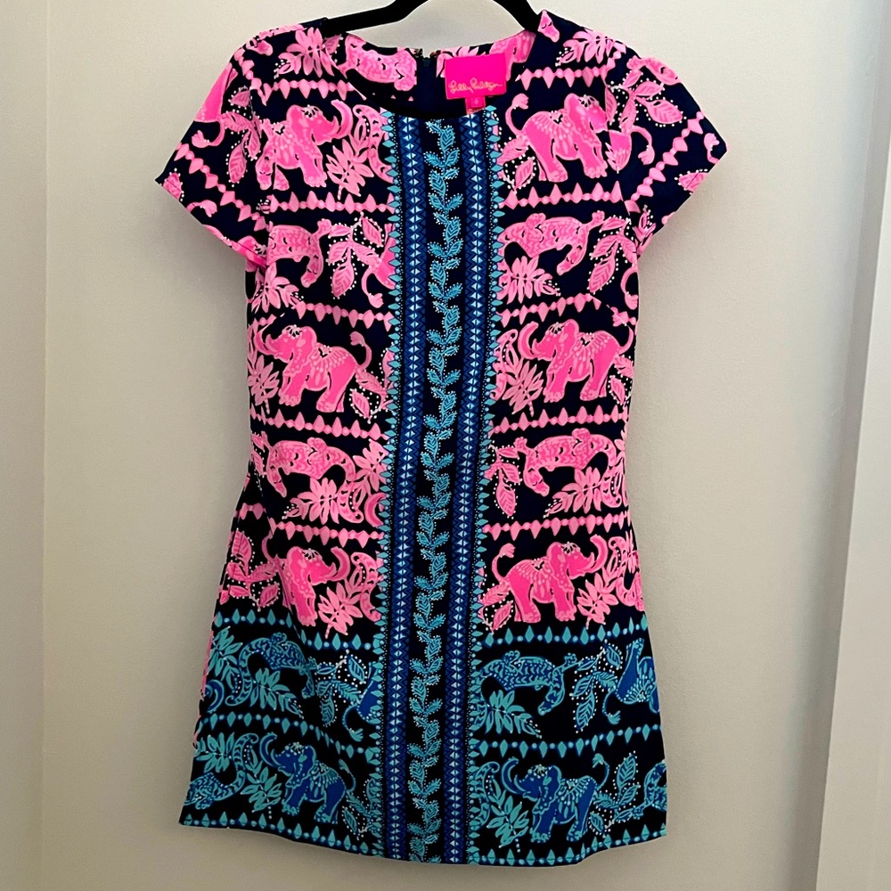 Lilly Pulitzer High Tide Navy Pink Elephant Print Blanca Stretch Romper Size 0